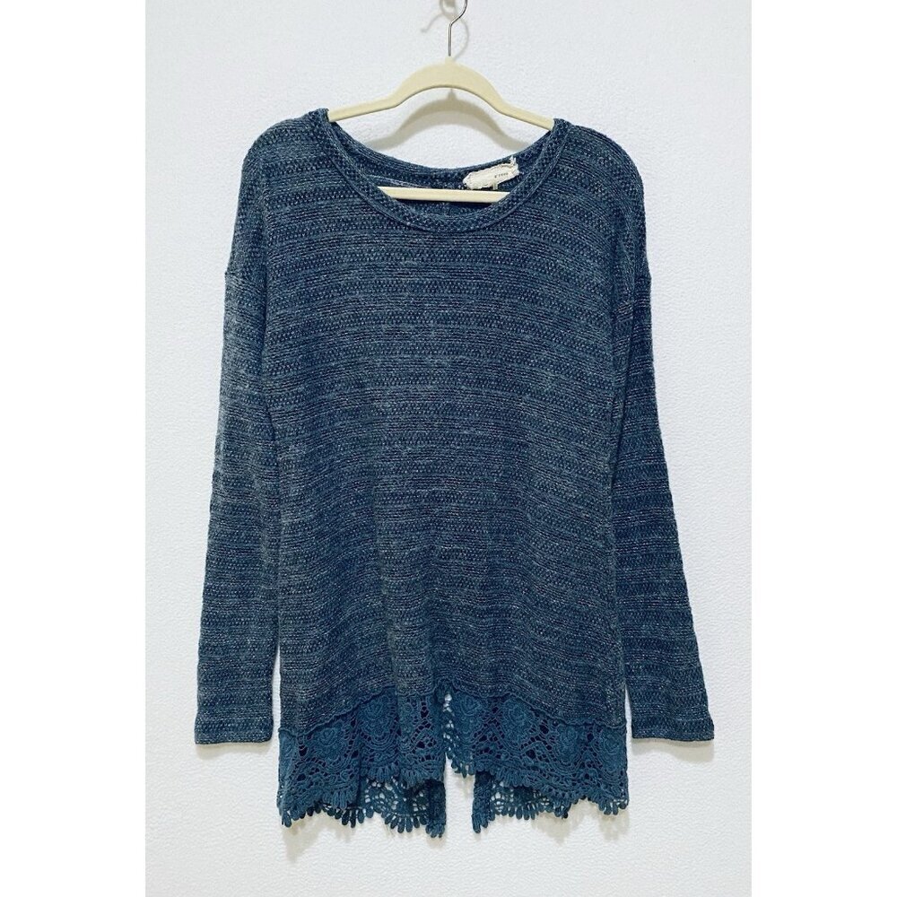 Areve Anthropologie Sweater Womens Medium Blue Crochet Hem Tie Back Cottagecore